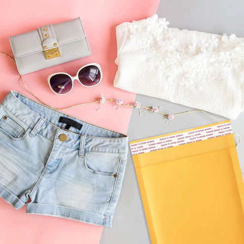 Yellow Kraft Bubble Mailers 25 Pack Self Sealing Padded Envelopes 10.5 By 16 Inch Outer Size next to sunglasses and clothes