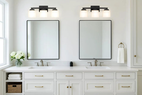 Industrial Dope 3 Light Vanity Wall Sconce With Etched Glass Shade In Dark Bronze Finish in modern bathroom setting