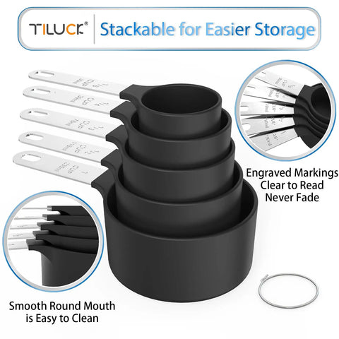 Measuring Cups And Spoons Set Nesting Stackable With Stainless Steel Handles For Cooking And Baking, Rust Resistant, Black
