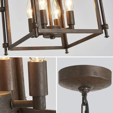 Close-up of Dope Vintage Lantern Pendant Light Black Metal Cage Farmhouse Chandelier With E26 Socket, showcasing bulb holders.