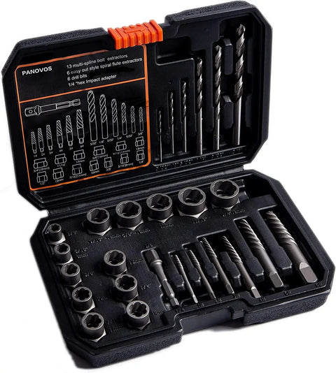 26 Piece Nut And Bolt Extractor Set With Sockets And Drill Bits For Stripped Frozen And Rounded Off Fasteners Includes Spiral Flute Extractors And Right Hand Cobalt Drill Bits In Solid Storage Case open with contents visible