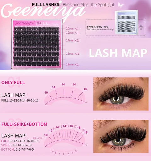 Lash map for 5 Styles Lash Clusters Kit With Volume Mega Full Bottom Spike Extensions Lash Bond And Seal Remover Tools
