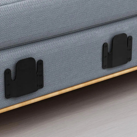 Sectional Sofa Connector Set 4 Piece Iron Brackets With Screws on grey fabric couch base close-up.
