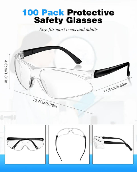 100 Pack Clear Safety Glasses ANSI Z87.1 Certified durable black temples for work and workshop use.