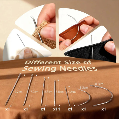 Different sizes of sewing needles from Leather Sewing Kit 43 Piece All In One Set With Needle And Thread Sewing Awl Upholstery Repair Tools Heavy Duty For Car Seats Bags Shoes Sofas Tents Carpets And DIY Crafts displayed on fabric
