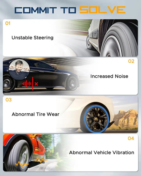 Infographic showing issues like unstable steering, increased noise, abnormal tire wear, and abnormal vehicle vibration.