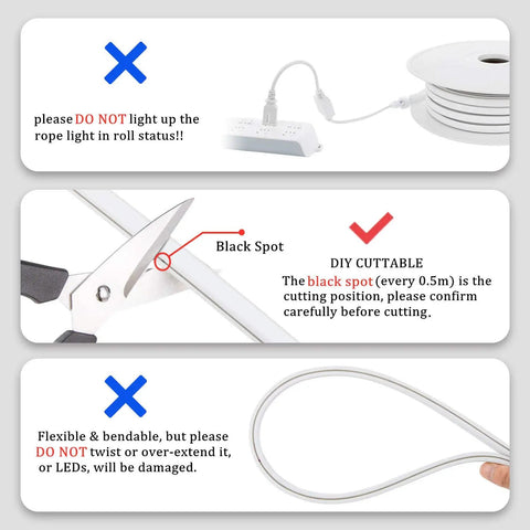 LED Neon Rope Light 50ft Flexible Strip White 6000K 120V IP67 Waterproof Connectable With Dimmer Easy Install cutting and handling guide