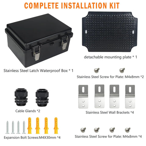 Complete installation kit for Built Tough IP67 Rugged Waterproof Electrical Junction Box with stainless steel components.