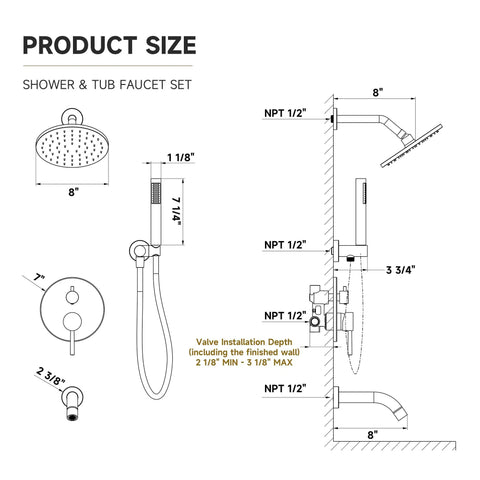Product size graphic for Totally Fire Premium All Metal Shower Faucet Set With Warm Gold Tone Eight Inch Rain Showerhead Curved Tub Spout Rust Proof Bathroom Hardware Upgrade.