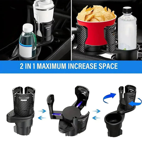 Dual Car Cup Holder Expander For Tesla Cybertruck with adjustable grip, holding drinks and snacks for stable rides.