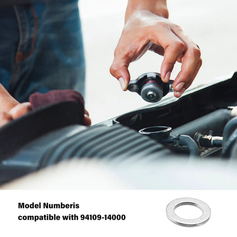 Person performing DIY oil change using 100 Pack Aluminum Oil Drain Plug Washer Set, 14mm Crush Washers Replacement for Honda OEM 94109 14000 Civic Part.