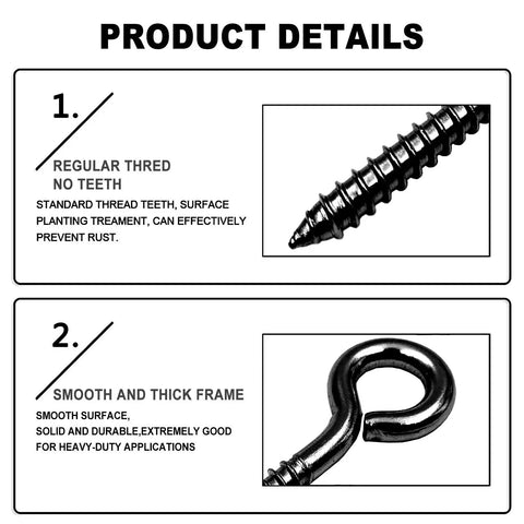 Close-up of Heavy Duty Screw In Eye Hooks Black Stainless Steel showing standard thread and smooth frame for heavy-duty use.