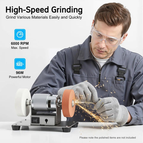 Powerful 96 Watt Mini Bench Grinder With Adjustable Speed Control And Grinding Wheel used for knife sharpening and metal polishing.