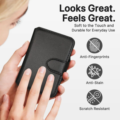 Woman holding MagSafe Wallet With RFID Blocking Magnetic Card Holder For iPhone 17 16 15 14 13 12 Series in Midnight Black
