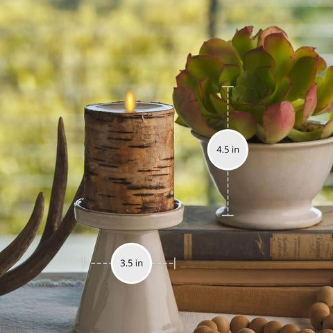 Birch Bark Wrapped Flameless LED Candle With Moving Flame, Battery Operated 3.5 By 4.5 Inch Pillar Light on pedestal
