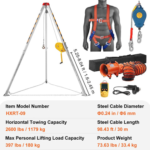 Built Like A Tank Heavy Duty Confined Space Tripod Winch Kit with harness, blower, and gas detector for emergency retrieval.