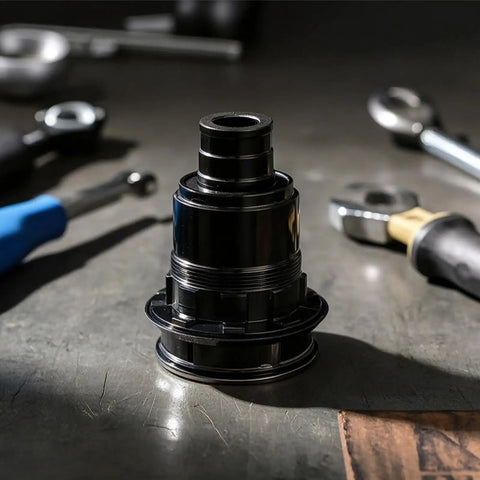 Driver Hub Body For XD XDR 11 12 Speed Cassettes Aluminum Alloy Wheel Hub Part, black, on workbench
