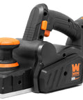 Cordless Planer With Brushless Motor, Dual 3-1/4-Inch Blades, 20V Max battery, ergonomic grip, side view.