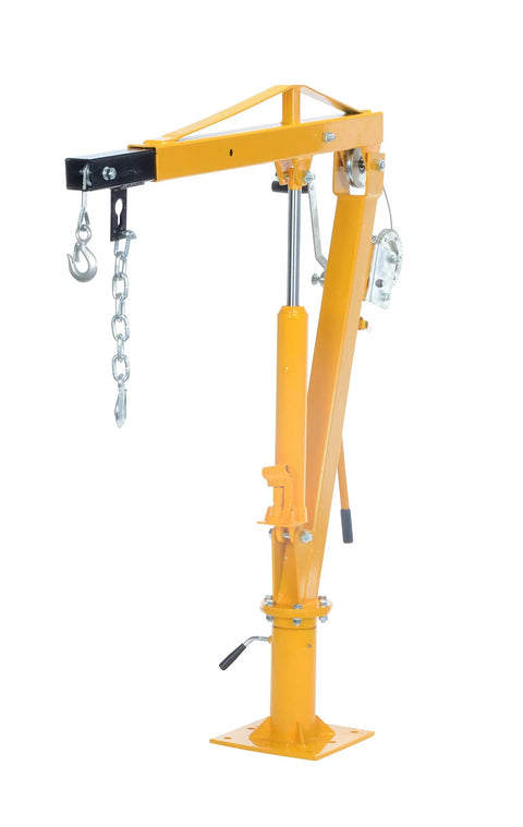 Workhorse Winch Operated Jib Crane With 2000 Lb Capacity And Seven Foot Reach Built Damn Tough To Move Big Cargo Without Breaking A Sweat Today, in yellow, showcasing its hand winch and boom features.
