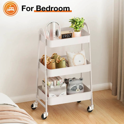 3-Tier Rolling Utility Cart With Locking Wheels For Small Spaces, Slim Metal Mobile Storage Organizer Shelf in bedroom