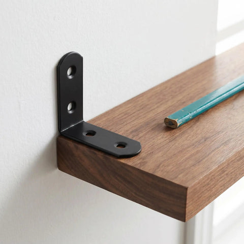 Beefy Heavy Duty L Shaped Corner Braces Set, 20 Pcs Metal Shelf Mount Brackets installed on wood shelf, right angle view, two sizes.