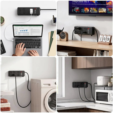 Heavy Duty Surge Protector Packing 3000 Joule Surge Defense 6 Outlet Beefy Metal Power Strip In Black with four foot cord in use.