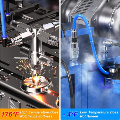 Blue 10mm OD PU Air Tubing Kit 32.8ft 10m With Push To Connect Fittings in high and low temperature environments.