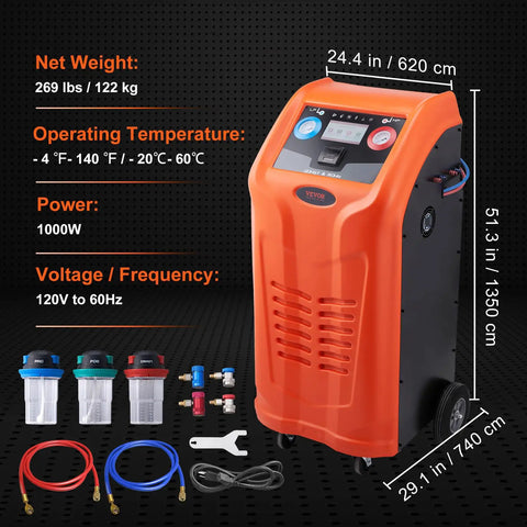 Fully Automatic Refrigerant Recovery Machine For R134A And R1234YF AC Systems with digital display and refrigerant hoses.