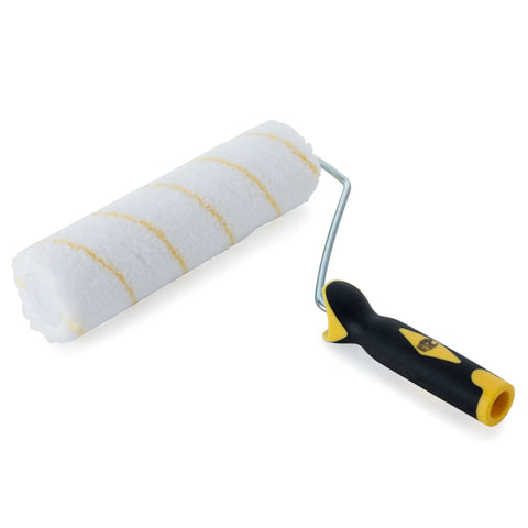 Paint Roller Kit With Nine Inch Frame And Two Microfiber Covers For Walls Ceilings And Floors One Half Inch Nap Designed For Fast DIY Home Painting Projects With Easy Grip Handle And Smooth Application, showing a close-up of the roller with ergonomic handle.