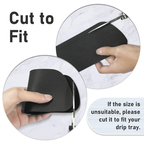 Person cutting Refrigerator Drip Tray Catcher 2 Pack Cuttable Mats 8.3 By 3.1 Inch to fit fridge drip tray.