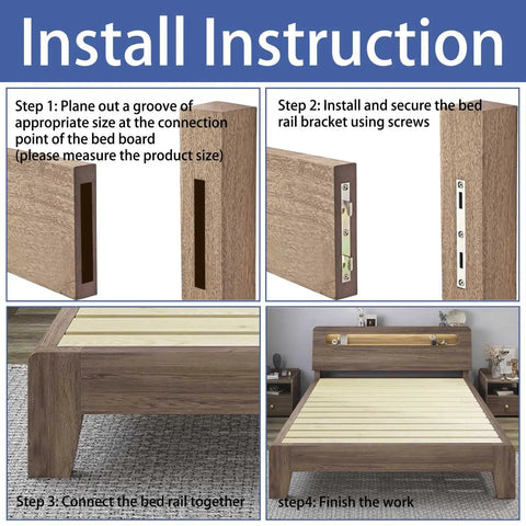 Heavy Duty Bed Rail Fasteners 4 Pack Featuring Mortise Design And Rustproof Steel Brackets For Bed Frame Repair Includes Screws setup guide with installation steps.