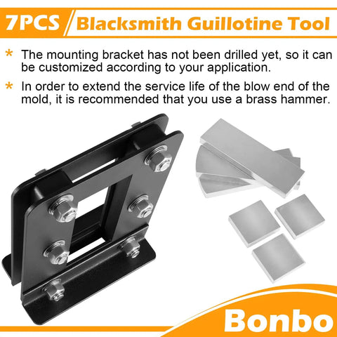 Beginner Blacksmith Guillotine Tool Kit With Seven Pieces And Three Die Sets Including Flat Fullering And Blank Dies Five Inch Stock Opening Bench Mount Or Vise Ready Great For Hobby Metal Shaping And Basic Die Work showing 7-piece tool and dies
