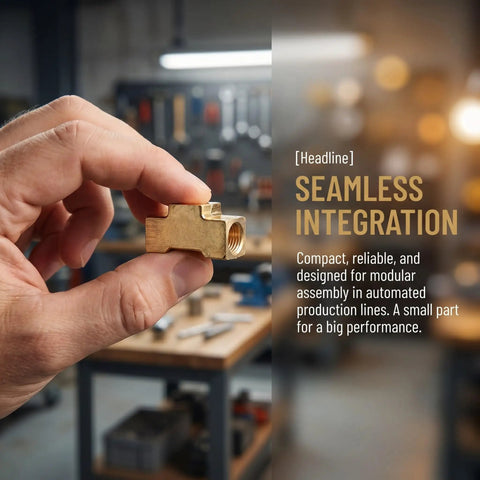 Brass Tee Fitting With Female Thread For Pneumatic Air Hose Connectors held in workshop setting