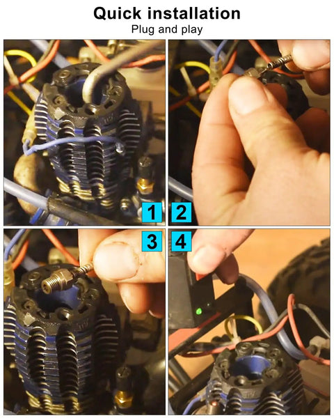 Installing Six Pack N4 Hot Glow Plugs No 4 For Nitro RC Engines in car engine, highlighting quick plug and play setup.