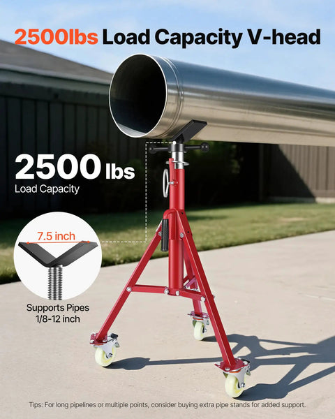 Heavy Duty Pipe Stand With Casters Adjustable Height From 28 To 52 Inches V Head Holds One Eighth To Twelve Inch Pipe Steel Folding Portable Stand For Job Sites Shops Garages 882 Lb Capacity supporting a large pipe outdoors, displaying weight capacity and pipe size suitability.