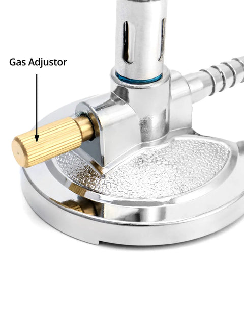 Close-up of Pro Grade Lab Bunsen Burner with zinc alloy base, copper tube, and needle valve gas adjustor for heating and soldering.