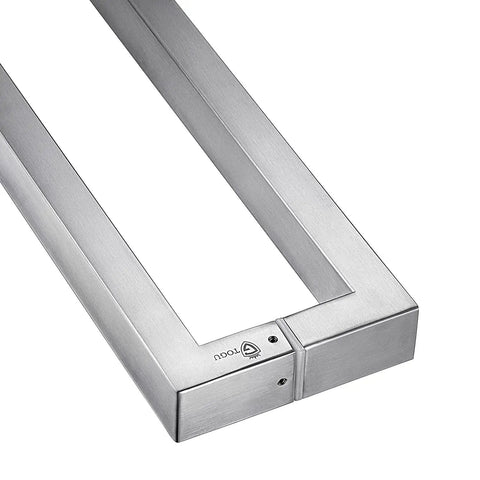 18 Inch Solid Standoffs Built Tough Heavy Duty Commercial Grade 304 Stainless Steel Push Pull Door Handle for Glass and Barn Doors with a Full Brushed Finish close-up