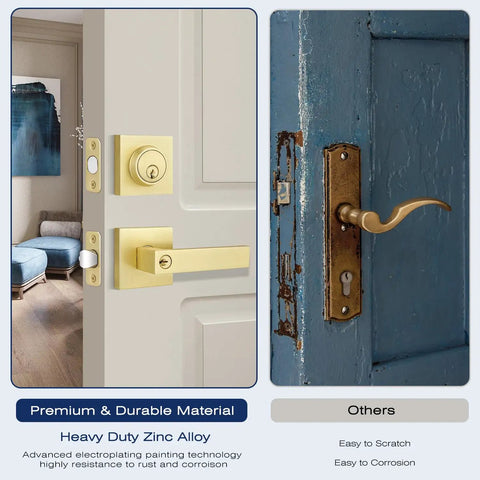 Comparison of satin brass door handleset with deadbolt on modern and rustic doors