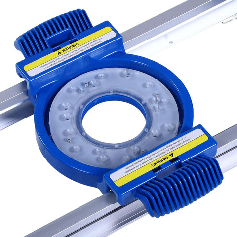 Aluminum Router Sled Kit With Precise Guide Rail And Low Friction Slide close-up of blue router attachment with safety features