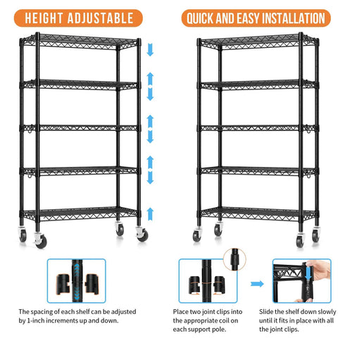 Height adjustable Heavy Duty 5 Tier Wire Shelving Unit With Beefy Rolling Casters Adjustable Black Metal Storage Rack.