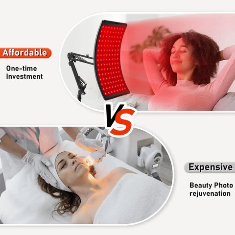 Game Changer Red Light Therapy Lamp With Adjustable Stand showcases affordable skincare vs. expensive treatments for face rejuvenation.