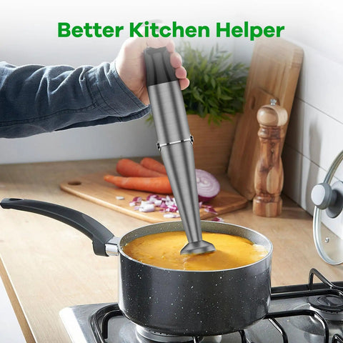 Heavy Duty Immersion Blender Handheld Corded 1100W Full Copper Motor 5-in-1 Hand Blender Set in a pot blending soup.