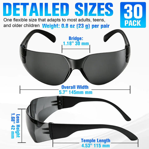 30 Pack Tinted Safety Glasses With Dark Lens And Uv 400 Cover For Job Sites and Backyard Builds - size details on a white background.