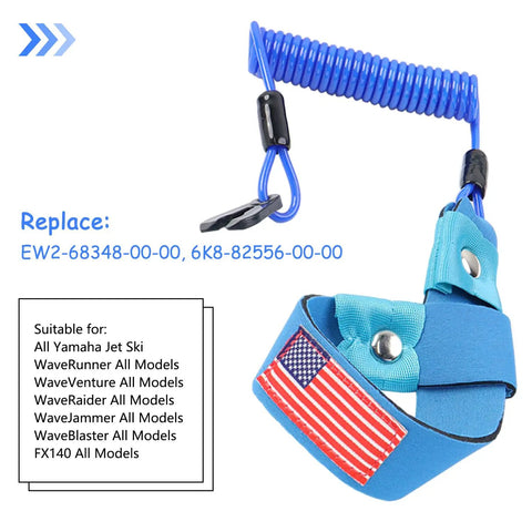 Universal Kill Switch Lanyard For Yamaha Jet Ski And WaveRunner Replacement EW2-68348-00-00 Blue With US Flag Wrist Strap