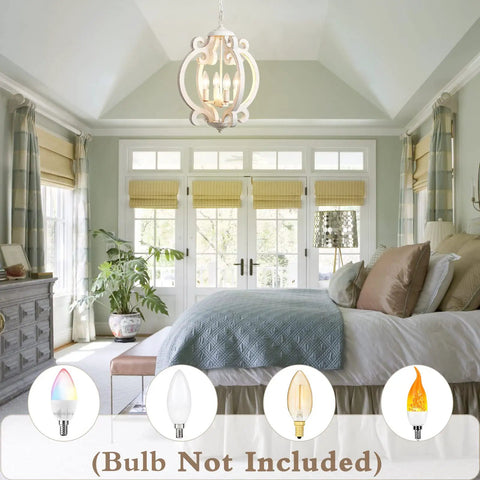 Farmhouse Rustic White Wood Orb Pendant Chandelier For Kitchen Island And Living Room Vintage Vibe 4 Light Fixture shown in bedroom