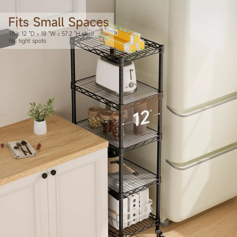 Solid Build Adjustable Wire Rolling Shelving Unit With Smooth Glide Casters And Moisture Resistant Steel Mesh For Clutter Free Closet Organization And No Hassle Multi Tier Storage Rack in small kitchen space, 12" deep, 57.2" tall.