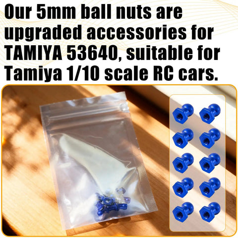 5mm Ball Head Nuts 10 Pack Aluminum Alloy Upgrade Kit For 53640 RC Cars shown in packaging and blue ball nut details