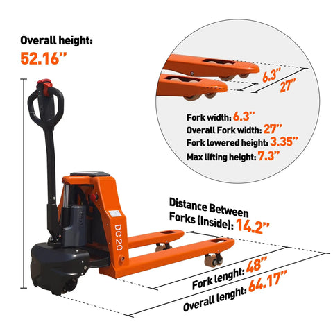 Heavy Duty 48V Electric Pallet Jack With Massive 4400lb Load Capacity For Warehouses, Featuring Durable Steel Frame dimensions and specifications.