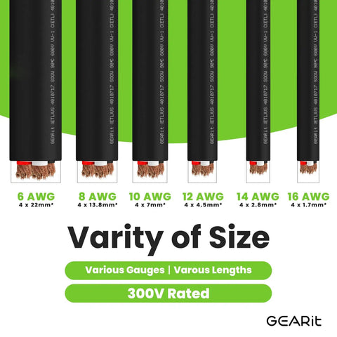 Close-up of Heavy Duty 12/4 12 AWG Portable Power Cable SOOW 600V 4 Conductor, 25ft Electric Wire varieties showing gauge and size options