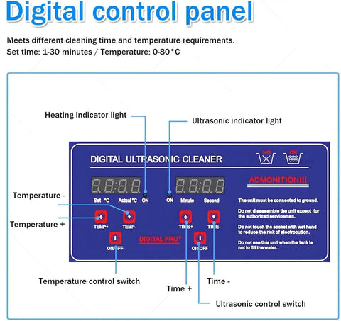 Digital control panel of Professional 10 Liter Ultrasonic Cleaner With 40 khz Frequency And Built In Heater showing settings for time and temperature.